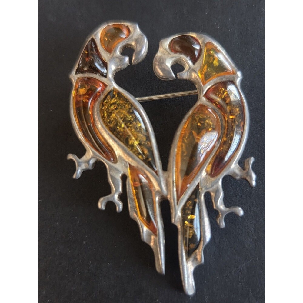 Gorgeous , Silver (925) Baltic Amber pair of Parrots Brooch